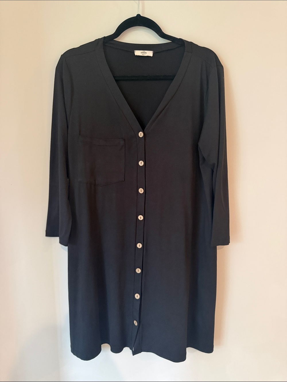 Black Button-Front V-Neck Dress